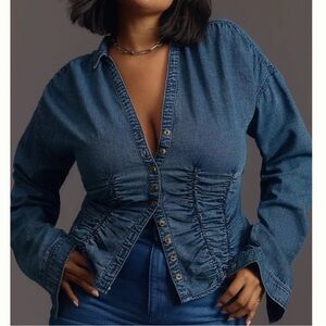 Anthropologie Pilcro Ruched Denim Shirt XL